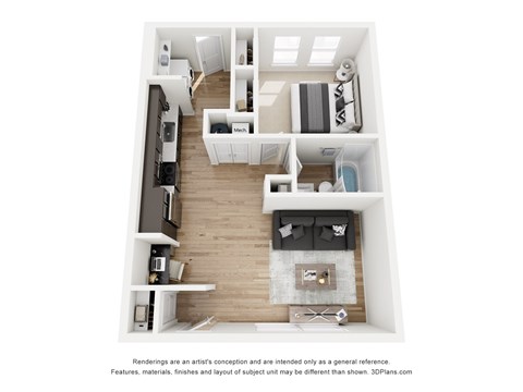 Floor plan for 1 bed, 1 bath, 616 sqft